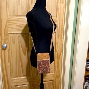 Bohemian Cork Crossbody Bag with Mandala Design 3 zipper compartments